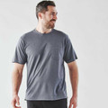 Man wearing charcoal marl short-sleeve performance tee with crew neck and left chest pocket