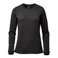Black women's long sleeve waffle knit top with crew neck and ribbed texture throughout
