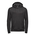 Charcoal men's pullover hoodie with kangaroo pocket, drawstring hood and ribbed cuffs — flat lay packshot