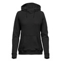 Black women's pullover hoodie with drawstring hood, kangaroo pocket and ribbed cuffs