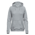 Women's light grey marl pullover hoodie with waffle-knit chest panel, kangaroo pocket and ribbed cuffs