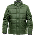 Olive green quilted canvas thermal jacket with stand collar, snap buttons and horizontal baffle panels