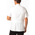 White DOC men's short-sleeve lab coat for medical and health care uniforms, featuring stud button front closure and made from 100% polyester.