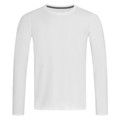 White men's long sleeve crew neck tee with grey neck tape and smooth stretch fabric