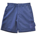 Navy blue men's cotton canvas cargo shorts with side cargo pocket and button waist, flat lay