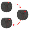 Charcoal grey formal shorts waistband close-up showing three-stage numbered expander waist adjustment sequence