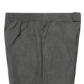 Charcoal grey formal shorts flat lay showing elasticised waistband, front pleat and angled side pocket