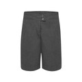 Charcoal grey girls formal shorts with double-button waistband and tailored cut, flat lay packshot