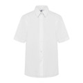 White short sleeve button-front blouse with pointed collar and concealed placket, flat lay packshot