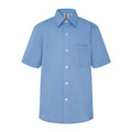 Sky blue short sleeve formal shirt with point collar, white buttons, and left chest pocket — flat lay packshot