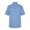 Back view of a sky blue short sleeve formal shirt with yoke panel and point collar