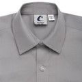 Silver grey long sleeve button-up shirt with spread collar, single button placket and smooth no-iron fabric