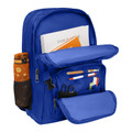 Royal blue nylon backpack open showing main compartment with books, front organiser pocket with stationery, and mesh side bottle holder