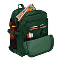 Bottle green school backpack with open compartments showing pens, books, mesh side pocket and front organiser panel