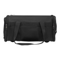 Black nylon sports duffel bag with twin carry handles, detachable shoulder strap, and side zip pockets