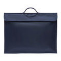 Navy blue polyester satchel bag with flap closure and ribbed carry handle, flat front panel