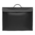 Black polyester satchel-style library bag with top carry handle and fold-over flap closure