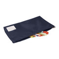 Navy blue flat pencil case with top zip, name label patch, and coloured markers fanned inside