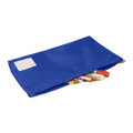 Royal blue flat zip pencil case with white label panel, shown open with coloured markers inside