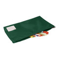 Bottle green flat zip pencil case with name label patch, shown open with coloured markers and crayons inside