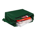 Bottle green canvas senior book bag laid flat, zip opening, black zipper trim, short handles, filled with books