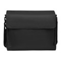 Black structured messenger-style book bag with fold-over flap, top stitching, and adjustable shoulder strap