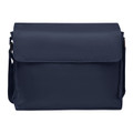 Navy blue structured messenger-style book bag with fold-over flap closure and adjustable shoulder strap