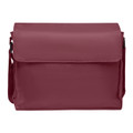 Crimson red structured messenger bag with fold-over flap and adjustable shoulder strap
