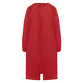 Red lightweight long-sleeve art smock with gathered neckline, front placket, and centre back vent