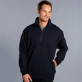 Navy half-zip fleece sweater with grey contrast zipper and ribbed cuffs, ideal flat panel for decoration