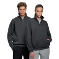Charcoal grey unisex half-zip fleece sweater with ribbed collar and cuffs, front pouch pocket