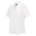 White short sleeve school blouse with wide pointed collar, concealed button placket and shaped hem