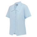 Pale blue short sleeve school blouse with pointed collar, button front and shaped curved hem