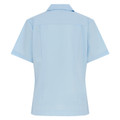 Back view of a pale blue short sleeve blouse with collar, back yoke seam and shaped hem