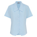 Sky blue short sleeve school blouse with wide pointed collar, button front and shaped curved hem