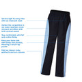 Navy straight leg track pant with sky blue contrast side panels, elastic drawcord waist and ankle zip detail