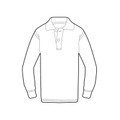 Line drawing of a long sleeve polo with flat collar, two-button placket and ribbed cuffs