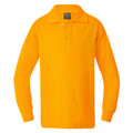 Gold long sleeve polo with ribbed piqué texture, flat collar, two-button placket and ribbed cuffs