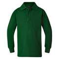 Bottle green long sleeve kids polo with ribbed cuffs, two-button placket and flat knit collar
