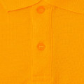Close-up of amber gold piqué polo placket with tone-on-tone buttons and ribbed collar