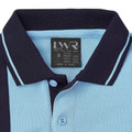 Sky blue kids sports polo with navy contrast collar and twin white tipping stripes, textured fabric, close-up packshot