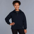 Child wearing navy half-zip fleece pullover with chest seam detail and ribbed cuffs