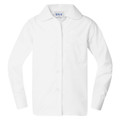 White long sleeve blouse with Peter Pan collar, button front placket and single chest pocket, flat lay