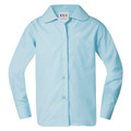 Sky blue long sleeve blouse with Peter Pan collar, button front placket and single chest pocket