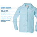 Light blue long sleeve blouse with Peter Pan collar, button front, chest pocket and side splits