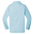 Back view of a pale blue kids long sleeve blouse with Peter Pan collar and button cuffs