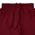 Maroon kids fleece track pants with elasticated waistband and drawstring cord, close-up packshot
