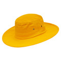 Golden yellow wide brim cotton hat with structured crown, side eyelets, and broad flat brim — packshot