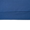 Close-up of royal blue sweatshirt hem showing ribbed waistband and clean flatlock stitching detail