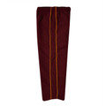 Maroon microfibre track pants with gold contrast piping stripe and elasticated waist, flat lay